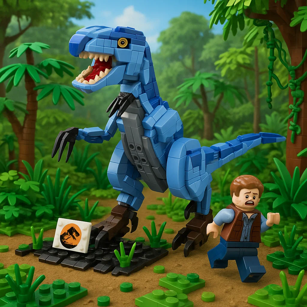 Vélociraptor bleu en blocs de construction poursuivant un personnage dans un décor de jungle